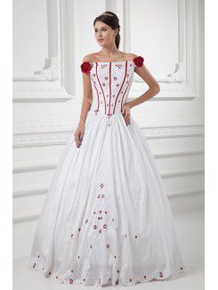 Satin Strapless Ball Gown Floor Length Embroidered and Hand-made Flowers Wedding Dress