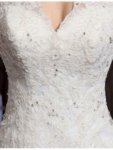 Discount Lace V-neck Chapel Train A-line Wedding Dress with Beading