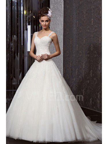 Discount Lace Straps Chapel Train Ball Gown Wedding Dress with Beading